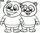 Two smiling friends pandas in t-shirts and shorts, two pandas from Panfu