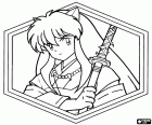 A portrait of Inuyasha in a hexagonal frame. Inuyasha is the main protagonist and at the same time is an anti-hero