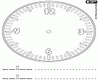 A clock face, without clock hands, with indications for twelve hours overlapping with the indications of the sixty minutes. It includes the numbers corresponding to four hours, twelve, three, six and nine
