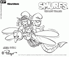 The brave Smurf Storm along with Clumsy Smurf flying over an insect, a spitfire