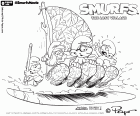 The Smurfs adventurers sailing on a wooden raft in search of the lost village