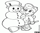 A fun activity for children in winter is to make a snowman. In this coloring page we see a child finishing his snowman with a saucepan as hat and a broom