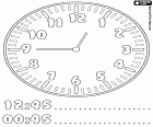 00:45 and 12:45, a didactic sheet to learn clock hours. A clock with the hands indicating noon or midnight and forty-five minutes. It includes the hours numbers in 24-hour format