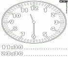 11:30 and 23:30, it's half past eleven, thirty minutes after eleven, an educational sheet to learn the hours on the clock, includes the hours in digital format