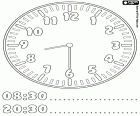 8:30 and 20: 30, an educational sheet to learn that now it's a half past eight, in an analogical watch and in digital format