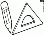 A pencil and a set square, two drawing tools for the school