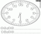 6:30 and 18:30, an analog clock indicating that it's half past six. In a digital clock it's six hours and thirty minutes in the morning, in the second digital clock it's six hours and thirty minutes in the evening