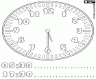 5:30 and 17:30, it's a half past five in the morning or in the afternoon, five hours and thirty minutes, in a coloring page to learn the hours