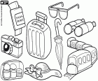 A coloring sheet with many drawings related to travel and travelers
