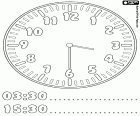 3:30 and 15:30, a coloring page with a clock at half past three in the morning or in the afternoon