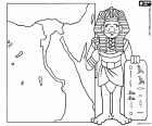 A Pharaoh, the King of the Egyptian Empire, and a stone engraved with hieroglyphics, next to a map of the territory of the ancient Egyptian civilization around the Nile river