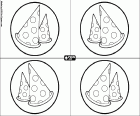 A coloring page to prepare four invitations for a birthday party. The invitations are decorated with two party paper hats