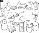 A collection of coloring pages with various dairy products