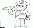 A sailor who works on a ship with the spyglass in hand