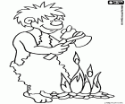 A homo erectus preparing an ax near a campfire. A coloring page about the prehistory