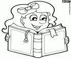 In this coloring page we see the happiness face of a girl who is reading a book in the school