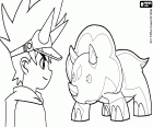 The face in profile of Max observing to his dinosaur Chomp, a triceratops. The protagonists of the anime Dinosaur King