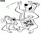 Yogi Bear wants to be a teacher for Boo-Boo. Boo-Boo smiling when he see that Yogi has the book backwards and simulates that is reading