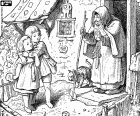 A fragment of a scene from the fairy tale of Hansel and Gretel, the original drawing is by Adrian Ludwig Richter, a 19th century German engraver and painter