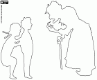 The silhouettes of Hansel and Gretel encountering face to face with the Witch