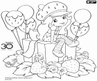 Strawberry Shortcake in the birthday party, with balloons and decorations of strawberries. The character of Strawberry Shortcake is an original creation of Muriel Fahrion