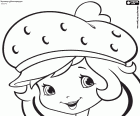 The smiling face of Strawberry Shortcake with her hat that is inspired by a strawberry