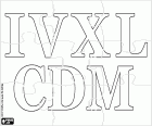 Puzzle with the symbols of the Roman numeric system: I for number one, V to number five, X for the number ten, L for number fifty, C for number one hundred, D for number five hundred, M for number thousand