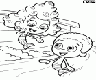 Two of the Bubble Guppies, Deema and Goby talking animatedly
