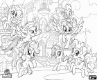 The ponies of Equestria at their first Friendship Festival. Twilight with Spike the dragon and her friends Pinkie Pie, Rainbow Dash, Rarity, Applejack and Fluttershy