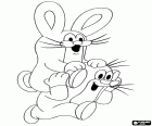 The hare on the shoulders of the little mole Krtek, two friends who are having fun