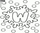 The uppercase letter W in a coloring sheet in the collection of letters with snowflakes