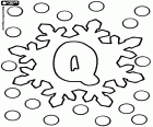 Q, the uppercase letter within a snow crystal. A coloring page from the alphabet with snowflakes