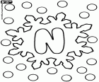 The capital letter N within a huge snow crystal, an educational sheet of alphabet with snowflakes