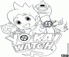 The logo and the main characters from Yo-kai Watch: Nate, Whisper, Jibanyan and Komasan