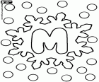 A capital letter M within an ice crystal, educational sheet of alphabet with snowflakes
