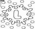 The letter L of the alphabet within a snow crystal between snowflakes