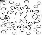 A large snow crystal with a letter K in its interior, a coloring page of alphabet with snowflakes
