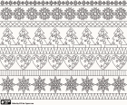 A coloring page with edgings formed by ice crystals, Christmas trees, hearts and stars, a pattern with Christmas inspiration