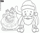 The octopus Pypus as Santa Claus with hat and beard next to the sleigh full of gifts