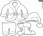 The four main elements of typical Santa Claus's dress for Christmas: coat, pants, hat and boots