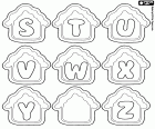 The uppercase letters S, T, U, V, W, X, Y and Z inside a little house, a Christmas cookie