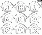 The uppercase letters J, K, L, M, N, O, P, Q and R in a Christmas cookie. An educational sheet of an alphabet with Christmas cookies, the letters are inside a house-shaped cookie