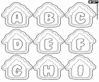 The first nine letters of the alphabet in a Christmas cookie. The uppercase letters A, B, C, D, E, F, G, H and I in some cookies houses