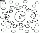 An educational sheet with letter G between snowflakes