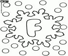 The uppercase letter F inside a snowflake, a coloring page of alphabet with snowflakes