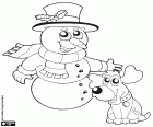 The happy dog with a snowman, a scene of a pet during the Christmas holidays
