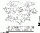 A coloring page with seven members of the Justice League: Superman, Batman, Wonder Woman, Martian Manhunter, Hawkgirl, Green Lantern and Flash
