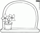 A small window, in arch shape, decorated with a poinsettia, a decorative Christmas flower