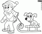 A child pulling a sled with his happy little dog