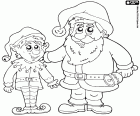An elf next to Santa Claus with a little bell in his hand, they are preparing Christmas